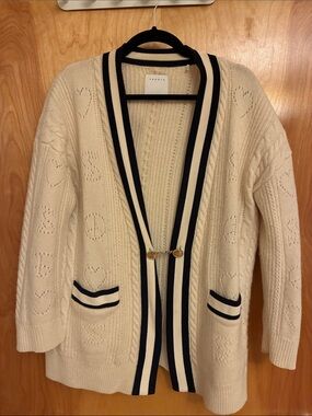 Sandro Cream Cable-Knit Cardigan with Navy Trim